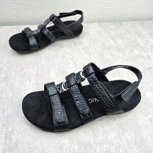 Vionic Comfort Sandals Leather Croc Black Open Toe Strappy Embellished Size 9